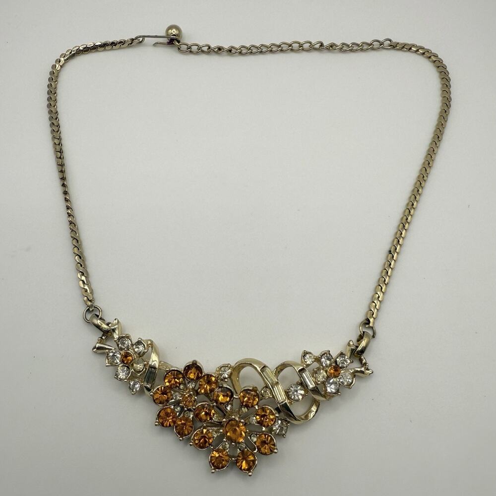 Vintage Rhinestone Necklace Gold Tone Orange Hook Clasp 17”